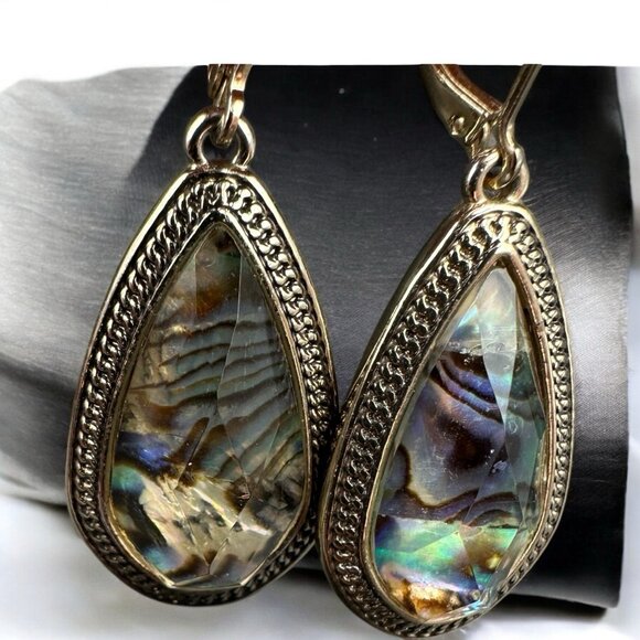 NAPIER Dangling Gold Tone Faux Abalone Leverback Earrings Teardrop Iridescent - Picture 6 of 9